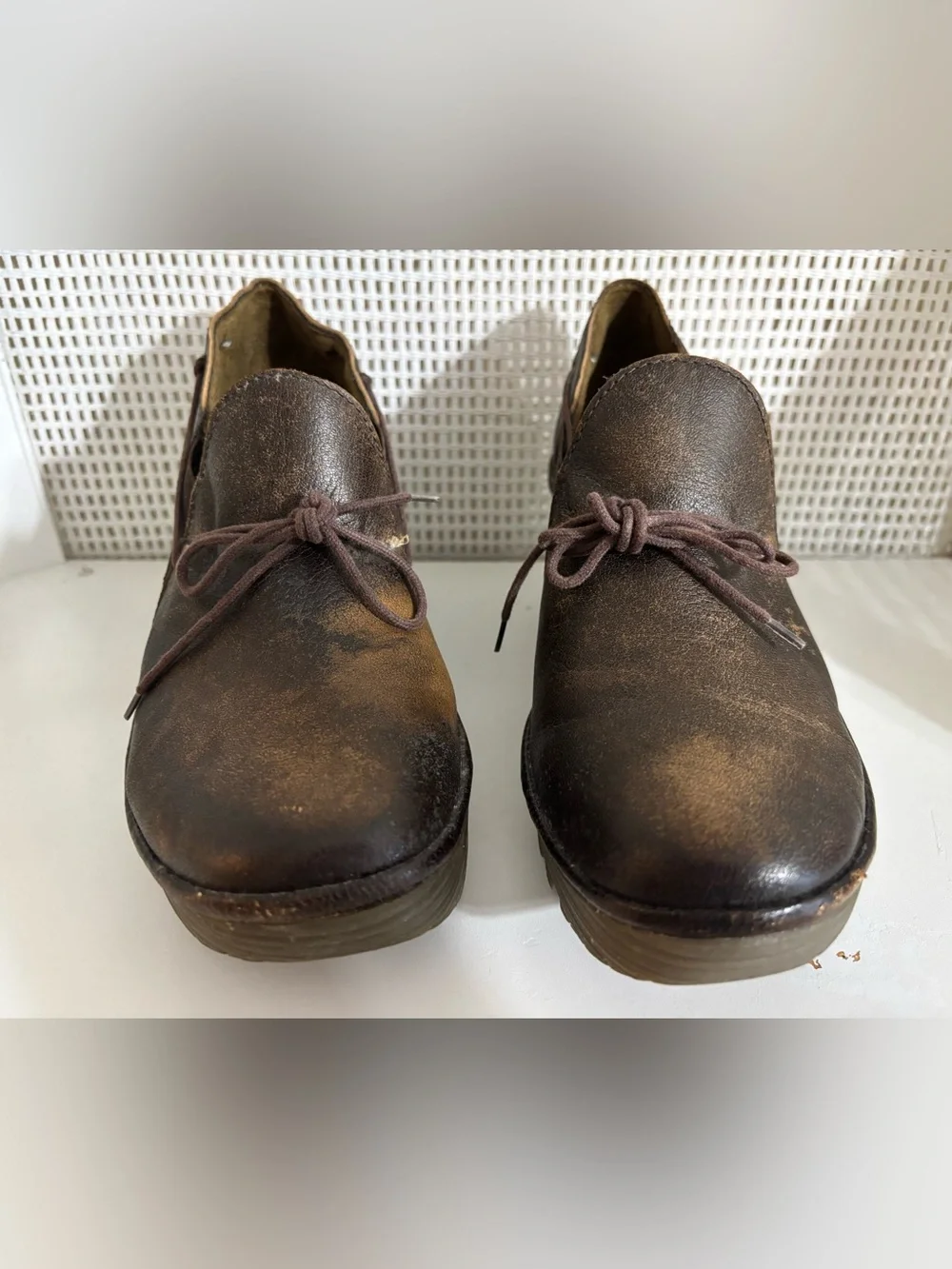 Women’s Fly London Brown Distressed Leather Wedge Slip-On Shoes